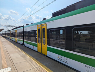 Warsaw, Poland, September 5, 2025: A modern FLIRT passenger electric train operated by Polish Railways operating in Warsaw.