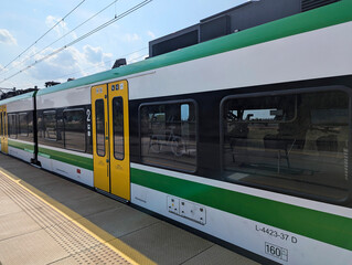 Warsaw, Poland, September 5, 2025: A modern FLIRT passenger electric train operated by Polish Railways operating in Warsaw.