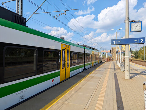 Warsaw, Poland, September 5, 2025: A modern FLIRT passenger electric train operated by Polish Railways operating in Warsaw.