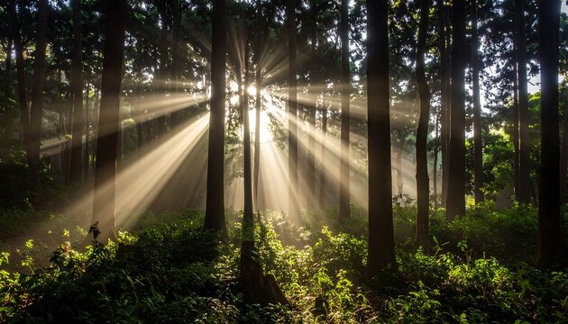 Sunlight streams through a misty forest (1)