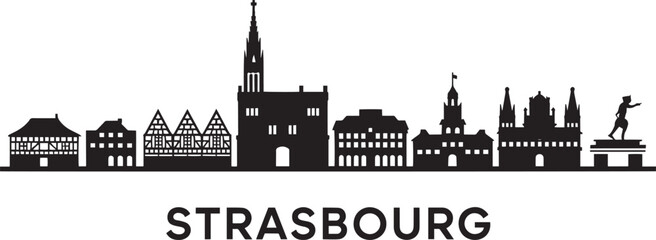 Detailed Strasbourg Skyline Silhouette Vector Illustration Depicting Cityscape and Landmarks in Black