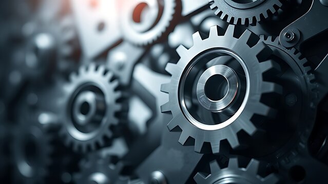 An abstract background of interlocking metallic mechanical gears, symbolizing business optimization.