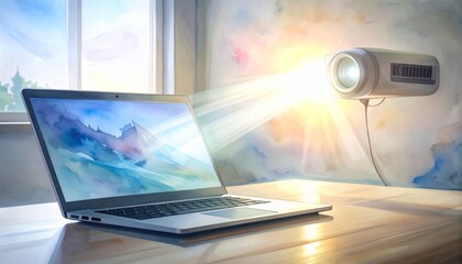 Laptop on wooden table with radiant blue burst on screen—evoking digital energy and modern workspace.