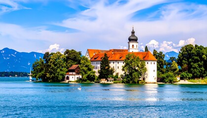 An old castle nestled on a small island surrounded by water with mountains behind it