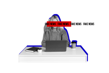 Collage mature woman employee entrepreneur boss office job workspace laptop browsing fake news journalist work mass media propaganda