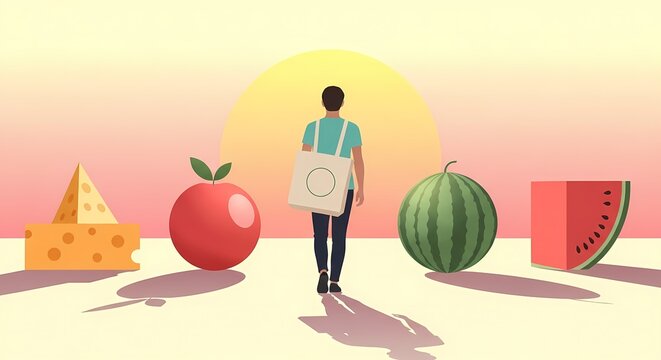 Conscious Consumer Choosing Healthy Food with a Reusable Bag