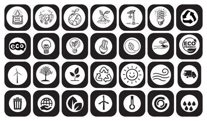 Eco Technology and Sustainability Icons Set – Renewable Energy, Solar Power, Recycling, and Green Living Symbols”