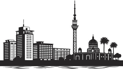 Fototapeta premium Vector art of city skyline with buildings, tower, and dome, featuring palm trees and a waterfront view in monochrome