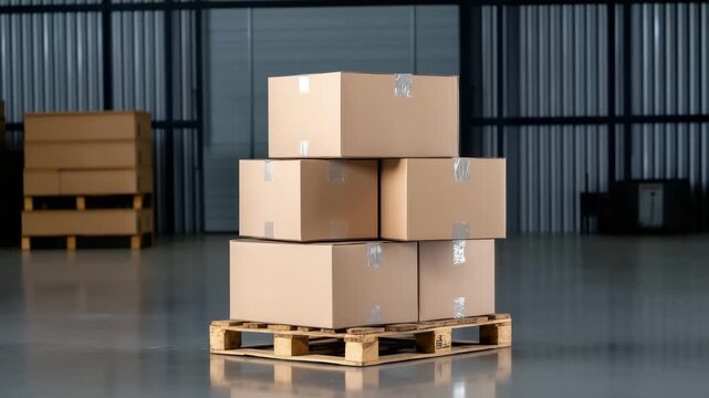 Stack of cardboard boxes on wooden pallet in storage facility during daylight hours