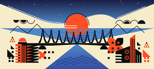 Cityscape with view of bay in avant-garde style. City architecture, bridge over strait, sunset in sea, starry sky, panorama. Abstract geometry, simple shapes of figures, vector illustration.