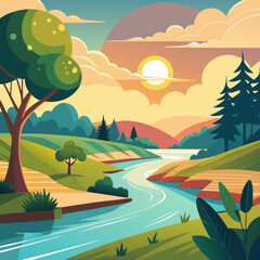 Obraz premium Stunning vector landscape featuring a winding river, lush trees, and a vibrant sunset perfect for nature lovers and travel enthusiasts, evokes peacefulness and tranquility