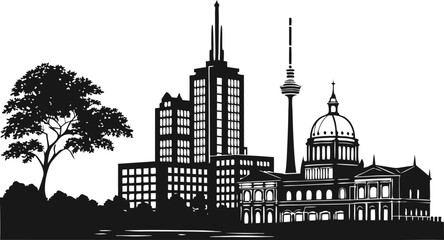 Obraz premium Vector art of silhouette of a city skyline with a skyscraper, tower, and dome vector illustration