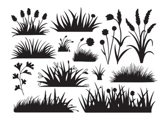 Grass and botanical plants silhouette vector set, Nature, meadow, landscape foliage illustration pack