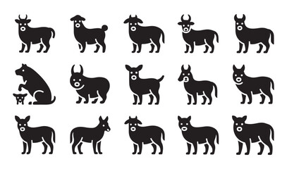 Large farm animal silhouette vector set, Cow, buffalo, ox, bull, cattle livestock illustration