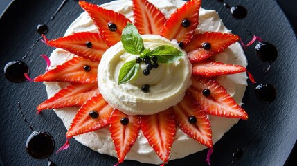 Elegant strawberry pavlova dessert with fresh berry slices whipped cream and balsamic pearls on dark slate presentation for gourmet dining experience