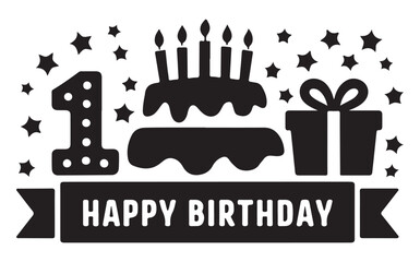 Happy birthday silhouette vector illustration, Cake, candle, balloons, party decoration design