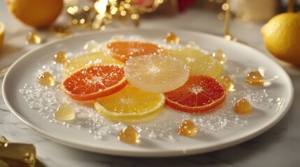 Candied citrus slices arrangement featuring crystallized orange and lemon rounds on white porcelain plate with sugar coating and caramel drops, gourmet dessert presentation
