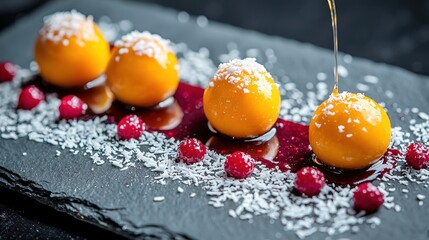 Elegant mango spherification dessert with golden spheres, honey drizzle, coconut flakes and fresh cranberries on dark slate fine dining presentation