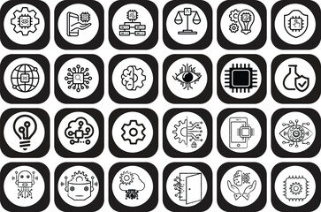 Artificial Intelligence Icon Set, Machine Learning Icons, Neural Network, Data Analysis, Deep Learning, Robotics, Innovation, Automation, Digital Brain, Future Technology