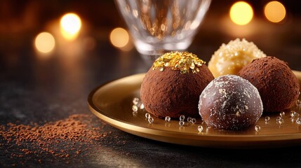 Artisanal chocolate truffles with gold leaf and cocoa powder on elegant golden plate with crystal stemware and warm candlelight background bokeh