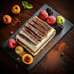 Artisanal marzipan fruit decorations surrounding elegant tiramisu dessert on dark slate platter gourmet restaurant presentation with cocoa dusting