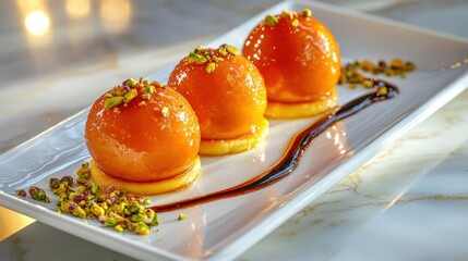 Elegant mango sphere dessert trio with glossy orange glazed spheres on white rectangular plate featuring vanilla custard base and crushed pistachio garnish