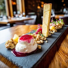 Deconstructed cheesecake dessert with golden tuile wafer, cream quenelle and berry coulis artistically plated on slate board in fine dining restaurant