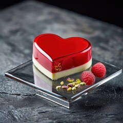 Red mirror glaze heart-shaped mousse dessert with fresh raspberries and pistachios on elegant glass plate, romantic Valentine's day treat