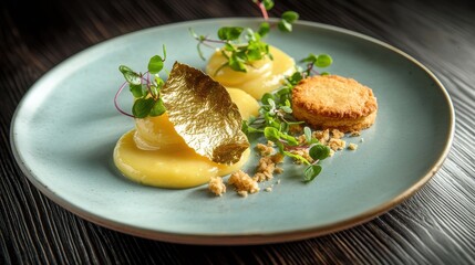 Elegant deconstructed lemon tart with gold leaf garnish microgreens and shortbread cookie on pale blue ceramic plate fine dining dessert presentation