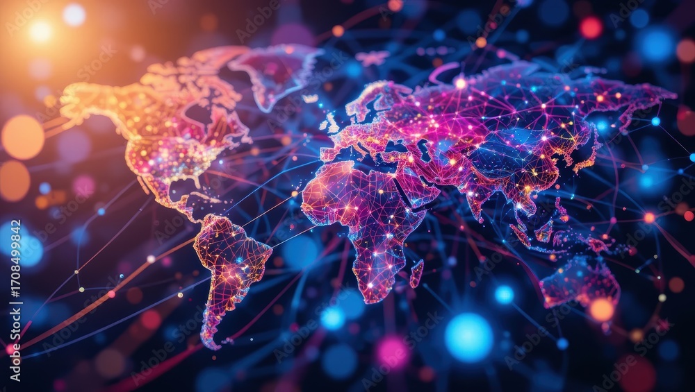 Wall mural abstract digital world map visualization with colorful connections and glowing network lines