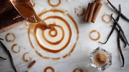 Professional caramel drizzle technique creating perfect concentric circles on crème brûlée dessert with copper pouring spoon, vanilla beans, cinnamon sticks on white marble