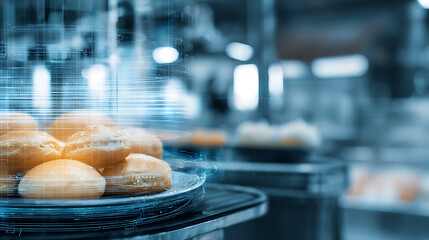Freshly baked bread rolls on a rotating tray in a modern industrial bakery setting with digital overlay effects.