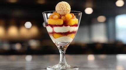 Elegant layered fruit parfait with peach segments and cream in crystal martini glass topped with decorative wafer cookie against restaurant bokeh background