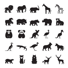 Exotic Animals and Birds Silhouette Vector Set, Rare Wildlife Icons for Creative Use