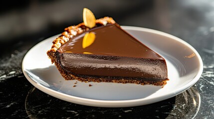 Decadent chocolate tart slice with glossy ganache layer and candied orange garnish on white porcelain plate against elegant black marble surface
