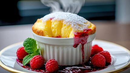 Golden lemon soufflé with powdered sugar dusting and raspberry coulis dripping from white ceramic ramekin on elegant dining plate with fresh berries