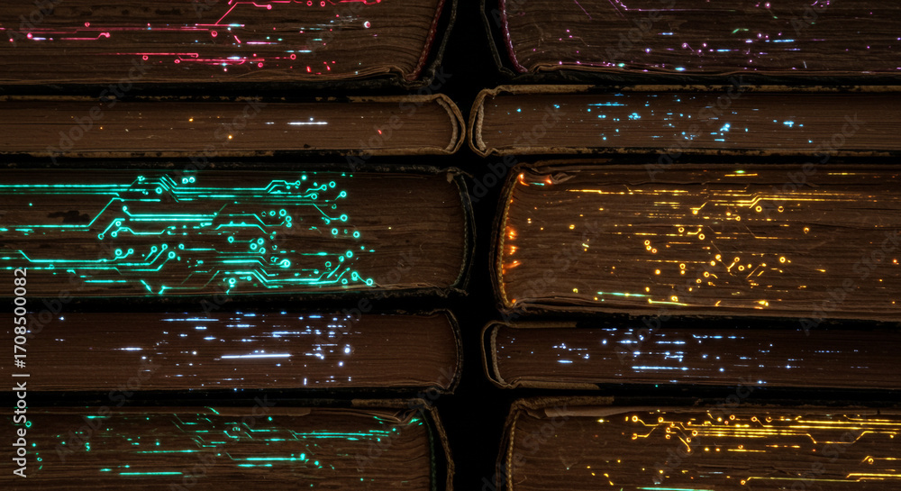 Poster close up abstract view of glowing green and white circuit board patterns on dark brown textured surf