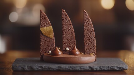 Chocolate tuile sails positioned vertically on luxury chocolate mousse dessert with gold leaf accents and pearl decorations on slate plate in fine dining setting