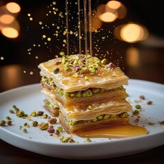 Golden honey drizzling over layered pistachio baklava with crushed pistachios, flaky phyllo pastry, elegant restaurant presentation on white plate