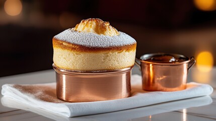 Gourmet soufflé dessert rising perfectly in elegant copper ramekin with powdered sugar dusting and sauce pot in upscale restaurant setting