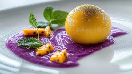 Golden mango sphere molecular gastronomy dessert on vibrant purple berry coulis with fresh mint leaves and passion fruit pieces on elegant white plate