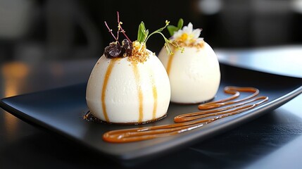 Elegant white panna cotta domes with caramel sauce drizzle and chocolate garnish on black slate plate modern dessert presentation fine dining restaurant