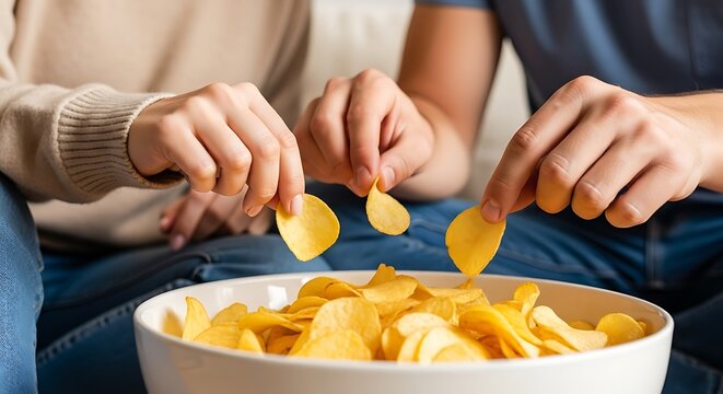 People sharing a bowl of potato chips