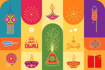 happy diwali festival banner design with illustration of diwali elements