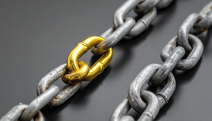 Fototapeta premium Gold link among silver chain links, symbolizing uniqueness and strength within a connected system.