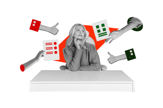 Composite photo collage of blonde old businesswoman think contract arm show thumb up agree quality approve isolated on painted background - Powered by Adobe