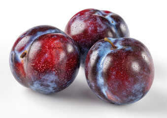 Obraz premium Three plums, vibrant red-purple and blue hues, glossy skin, clustered together, against a plain white background