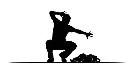 Dynamic dancer in mid-move, striking a pose with energetic motion and a dropped bag nearby