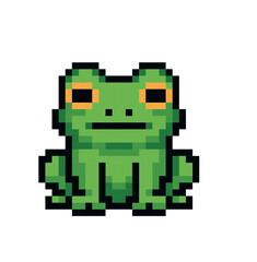 Pixel art illustration of a green frog with a light belly, sitting upright in retro 8-bit style, isolated on white background.
