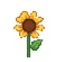 Pixel art illustration of a bright yellow sunflower with green leaves and a brown center, isolated on a white background, 8-bit retro style.